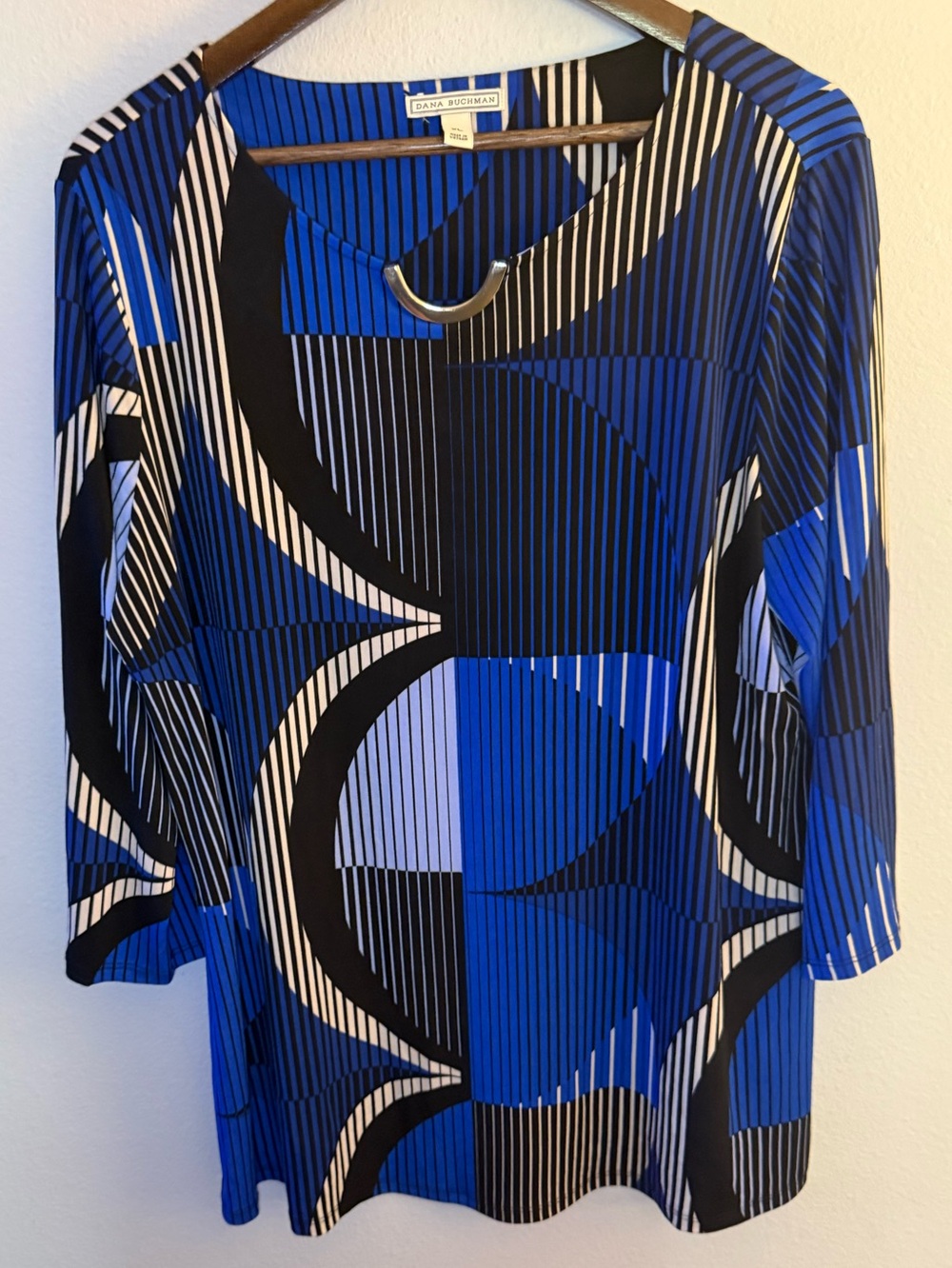 Dana Buchman Blue Black White Geometric Long Sleeve Dress